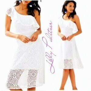 Lilly Pulitzer Calisto White One Shoulder Ruffled Lace Midi Dress.  SZ 0